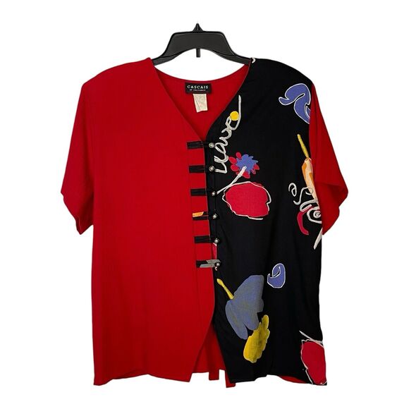 Women’s 90s Cascais of California Red & Black Abstract Floral Blouse – XL - Picture 3 of 9